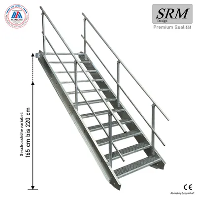Produktbild von 11 Stufen Stahltreppe beidseitig. Geländer Breite 90cm Geschosshöhe 165-220cm