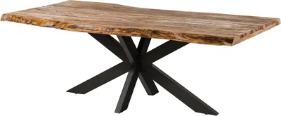 A wooden table with a live edge top and a black metal cross base, presented against a white background.
