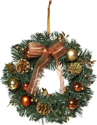 Image de Couronne de Noël - Couronne de porte - Couronne de table - Couronne décorée de branches de sapin - Vert, cuivre, or - 32 x 32 x 10 cm