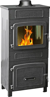 A black wood-burning stove with a glass door showing flames.