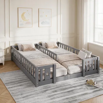Produktbild von INONEFT Bodenbett 180x200 cm für 2 Kinder, Kinderbett aus Massivholz mit Rausfallschutz und Lattenrost, Sternmotiv Montessori bed, ohne Matratze, Grau