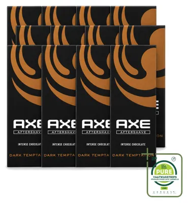 Imagen del producto de 12 unidades de aftershave Axe Dark Temptation, con aroma a chocolate, de 100 ml cada uno. Pack grande
