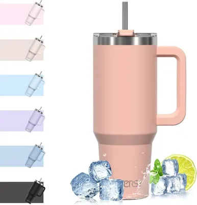 Produktbild von 40oz Kaffeebecher to Go Thermobecher Edelstahl Pink mit Griff und Strohhalm