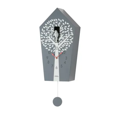 Image de AMS 7287 Coucou Horloge murale à quartz avec pendule rouge gris avec motif arbre Horloge à pendule