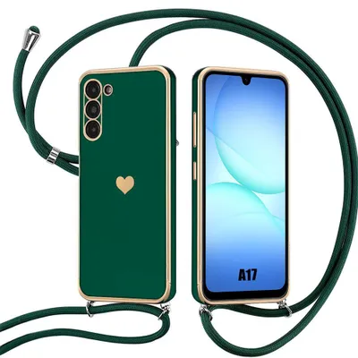 Image de Coque pour Samsung Galaxy A17 4G/5G, Protection Silicone Antichoc Motif Coeur avec Cordon Vert Nuit