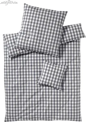 A flat lay of a bedding set with a gingham pattern.