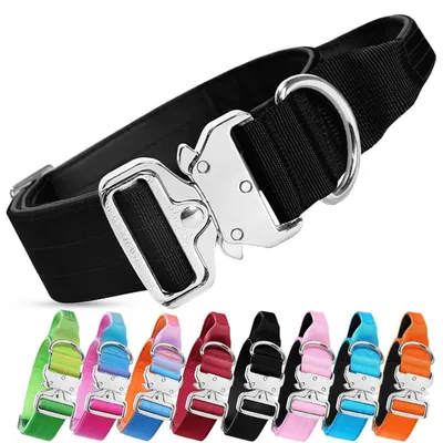 Image de Collier tactique pour chien avec poignée, large, rembourré, réglable, avec boucle en métal, noir, taille L