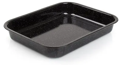 A black baking tray with white speckles, shown from a diagonal angle on a white background.