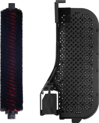 A vacuum cleaner brush roller and a filter holder are displayed against a white background.