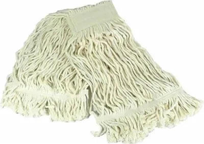 A close-up studio shot of a white mop head with frayed strands.