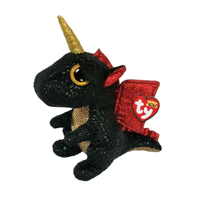 A stuffed toy dragon with a horn and red wings sits on a white background.