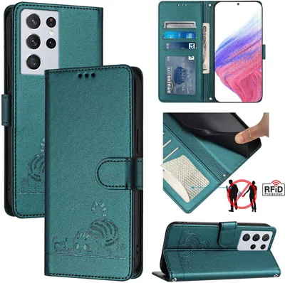 Image de Etui en cuir pour Samsung Galaxy S21 Ultra 5G, étui à rabat avec fonction stand et portefeuille vert