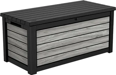 A storage box with a slatted lid and front panels.