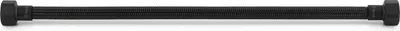 A black flexible hose with ribbed texture and metal connectors on both ends, presented on a white background.