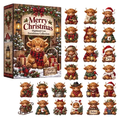Obrázek produktu pro Adventní kalendář 2026 Vánoční dekorace Highland Cow Advent Calendar pro děti c-Červená Univerzální velikost
