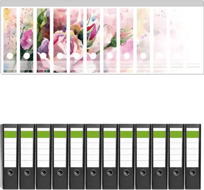 Produktbild von Wallario 12 Stück breite Ordner inkl. Klebeetiketten mit Motive Abstraktes Blumenbuket -  Set mit Rückenschildern / Ordnerrücken Stickern