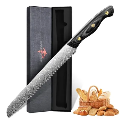 Immagine prodotto di Coltello da pane con lama in acciaio damasco VG10, finitura a onda, manico in ebano nero