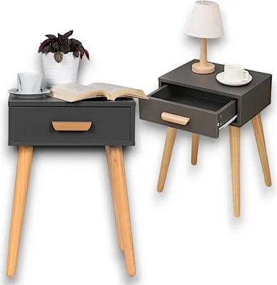 Produktbild von Beistelltisch, Nachttisch mit Schublade 57 x 40 x 30cm, hohe Beine, moderner Nachttisch Nachtkommode Retro, Schubladentisch, Nachtschrank, Kommode