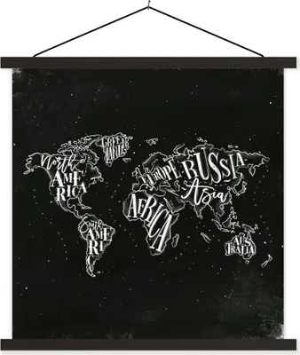 Produktbild von MuchoWow® Textilposter Weltkarte - Schwarz - Weiß - Sternenhimmel 120x120 cm mit schwarzem Rahmen - Aufhängungsset