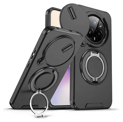 Immagine prodotto di Custodia a doppio strato per Realme 14 Pro, copertura scorrevole della fotocamera e supporto ad anello magnetico Nero