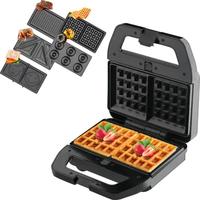 Obrázok produktu pre Elektrický sendvičovač 5 v 1 s 5 vyberateľnými nepriľnavými platňami, s obojstranným ohrevom, vaflovač, stroj na výrobu donutov, gril na panini – raňajková stanica