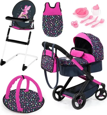 Produktbild von Bayer Design 17080AB Puppenwagen Xeo, verstellbarer Griff, Schwenkschieber, wandelbar als Jogger, Schlafsack, Hochstuhl, Spielbogen, Puppenzubehör