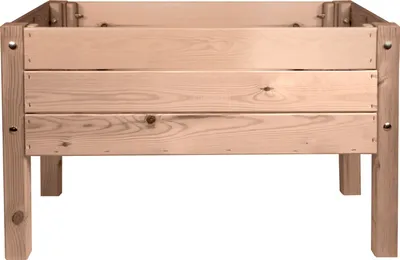 A wooden raised garden bed on a white background.