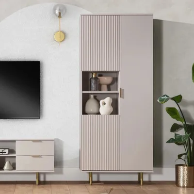 Produktbild von Standregal Nubia R3D Bücherregal 3-türig Push to Open system Schrank mit gefräste Fronten Metallbeine (Kaschmir + goldene Beine)