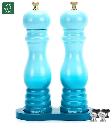 Produktbild von Salz und Pfeffermühle Set Hochglanz Blau 22 cm – Akazienholz – Manuell – Keramik- & Stahlmahlwerk – Einstellbar – Geschenkbox – Hermanos®