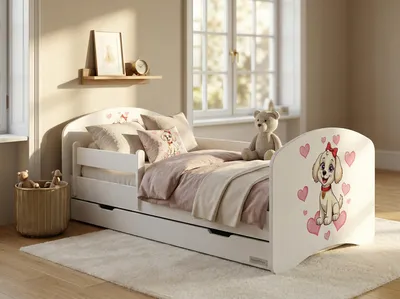 Produktbild von Happy Babies Kinderbett - mit Rausfallschutz Junge 140x70 Mädchen, Bett für Kinderzimmer mit Schublade & Matratze Einzelbett für Kinder Kinder Hundemotiv, süße Bilder (Piesek z czerowna kokardka)