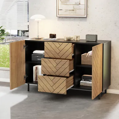 Immagine prodotto di Credenza MODFU in nero e finitura legno, cassettiera con 3 cassetti e 2 ante, mobile da salotto, cassettiera, toletta, 120 × 40 × 76 cm