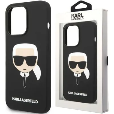 A Karl Lagerfeld iPhone 14 Pro case is shown in its packaging next to the case itself.