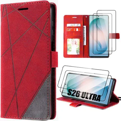 Image de Coque + 2 Verres Trempés pour Samsung Galaxy S26 Ultra, Flip Case Antichoc Anti-Rayures Effet Cuir Gris Rouge