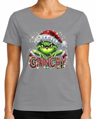 Produktbild von Grinchy Weihnachten Glitzer Strass Santa Frech Ugly Christmas Xmas Damen T-Shirt, Grau, XXL