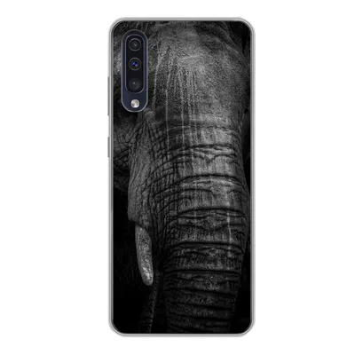 Produktbild von MuchoWow® Handyhülle Schutzhülle Hülle für Samsung Galaxy A50 Elefant auf schwarzem Hintergrund in schwarz und weiß Silikon Softcase Handy Hülle - Mobiltelefonhülle