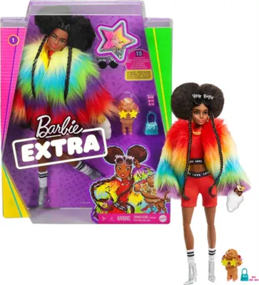 Image de Poupée Barbie Extra avec afro et veste arc-en-ciel, animal de compagnie inclus