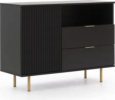Produktbild von Kommode NUBIA NB-01 mit 2 Schubladen 1 Tür Sideboard 107 cm Mehrzweckschrank Anrichte Highboard SoftClose, Push-to-Open, Modern (Schwarz Matt)
