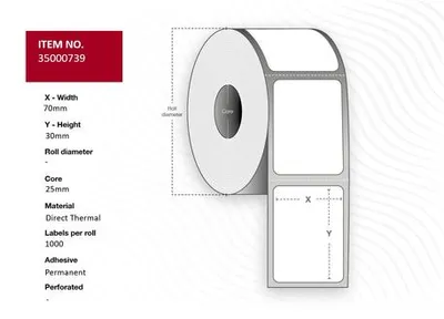 Zdjęcie produktu dla Capture 35000739-24ROLLS, Biały, Rolka, bezpośrednio termiczny, Na stałe, 7 cm, 3 cm