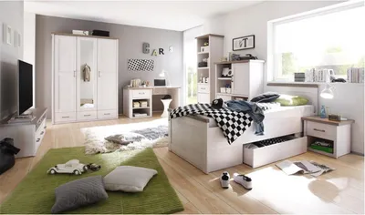 Produktbild von Jugendzimmer Komplett Set 7-tlg. LUND-78, Landhausstil, Pinie weiß Nb./Trüffel Eiche Nb.