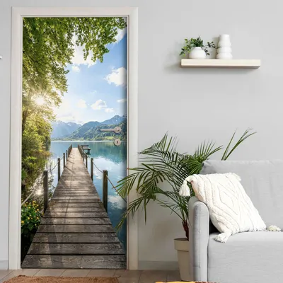 Produktbild von Türtapete selbstklebend | 200 x 90 cm Holzsteg am See | Tür Aufkleber Poster Türfolie | Einteilig | Wasserfest 3D Türaufkleber Klebefolie Wandtattoo