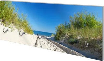 Produktbild von Wallario Flurgarderobe Wandgarderobe aus Glas, mit 5 Haken, Größe 80 x 30 cm, Motiv Auf dem Sandweg zum Strand - Blauer Himmel über dem Meer
