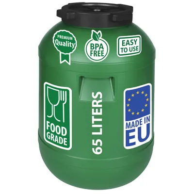 A green 65-liter barrel with various labels and text.