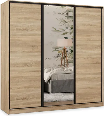 Produktbild von Masseno Schiebetürenschrank TARI 180/205/58 cm Kleiderschrank mit 4 Schubladen Schlafzimmer Schrank 3-türig mit Spiegel Sonoma Eiche