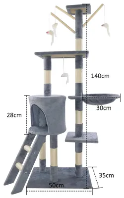 Image de Arbre à gratter pour chats - Tour d'escalade de 140 cm - 5 niveaux - Hamac et maison pour chats - Poteaux en jute - 4 jouets - Adapté aux grands chats et aux chatons