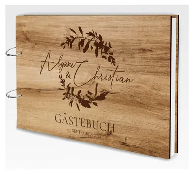 Produktbild von Gästebuch aus Echtholz für Hochzeiten mit individueller Lasergravur | 50 Blätter (100 Seiten) | DIN A4