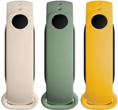 Three smart band straps in different colors are displayed side-by-side against a white background.