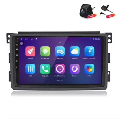 Image de Autoradio Android avec caméra de recul, compatible avec les modèles Smart Fortwo 451 de 2005 à 2010, intégrant CarPlay, Android Auto, GPS, navigation, 6 Go de RAM, 128 Go de stockage, 4G LTE, Wi-Fi, RDS, commandes au volant (SWC) et DAB+, écran de 9 pouces