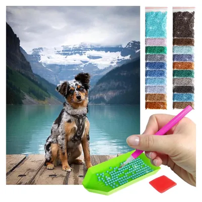 Produktbild von ARTULIO Diamond Painting Set - Niedlicher Welpe am klaren Bergsee-Motiv - 30 x 40 cm - 5D Crystal Art, Bilder DIY