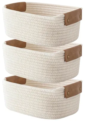 3er Set Aufbewahrungskörbe aus Baumwollseil, 28x22x11 cm, mit Lederhenkel