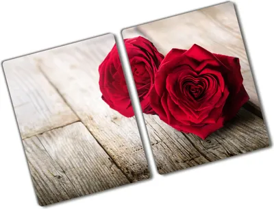 Produktbild von Tulup Glas Herdabdeckplatte - 2x40x52 cm - Glaskeramikkochfeld-Abdeckung Spritzschutz Glasabdeckplatte Kochplattenabdeckung und Schneidebrett - Zweiteilig - Blumen & Pflanzen - Rosen auf Holz - Rot
